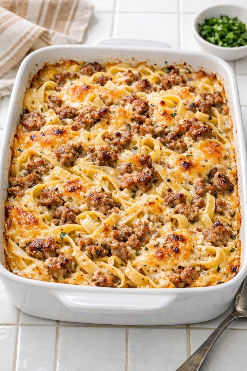 Finished ground pork fettuccine bake in a ceramic roasting pan