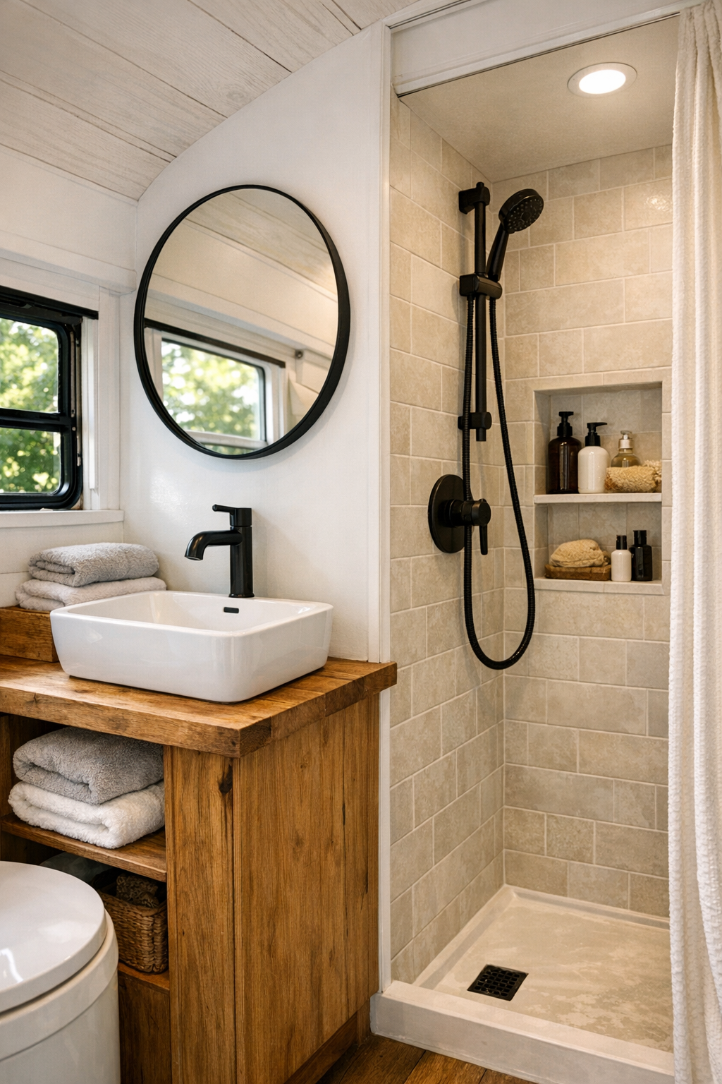 Compact bus bathroom with natural wood vanity, light tile shower, and black fixtures