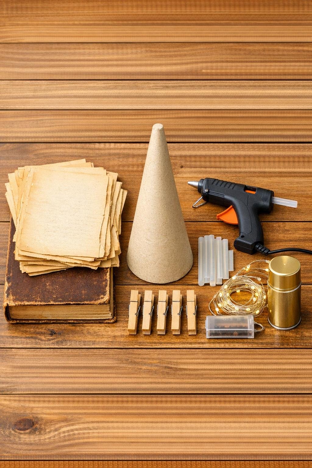 All materials for the rolled book page tree laid out on a wooden table