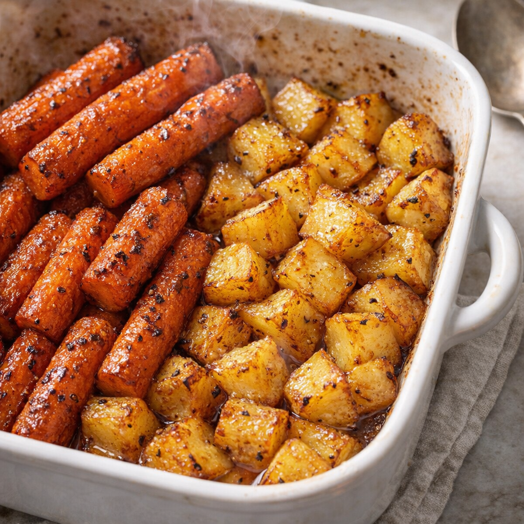 Roasted carrots and potatoes with browned edges fresh from the oven