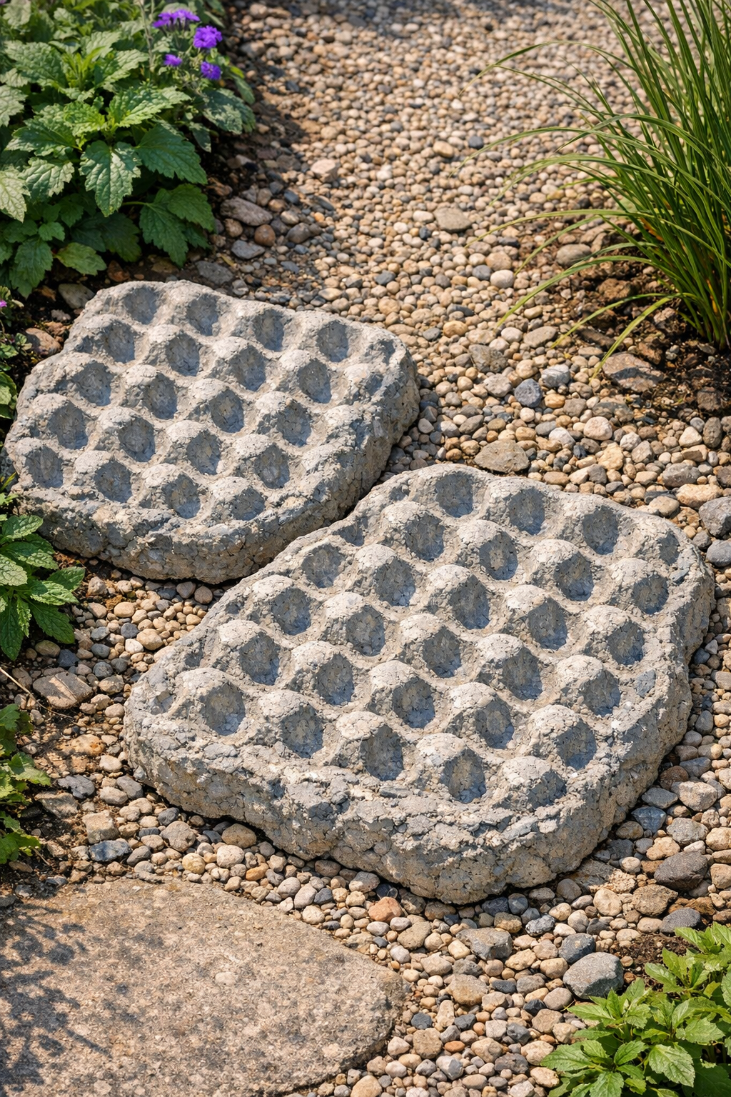 Finished heavy dimpled cement patio stones on a garden path