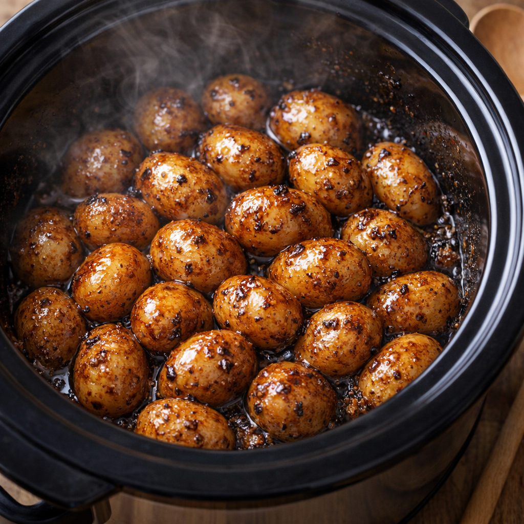 Glazed potatoes cooking inside a slow cooker