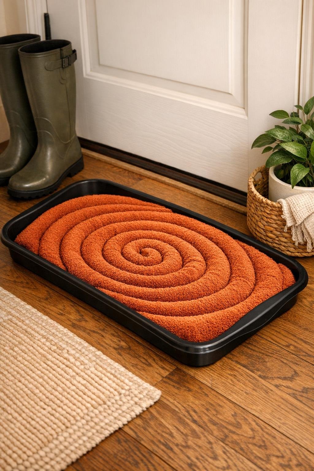 Finished rolled towel boot tray liner styled by a front door