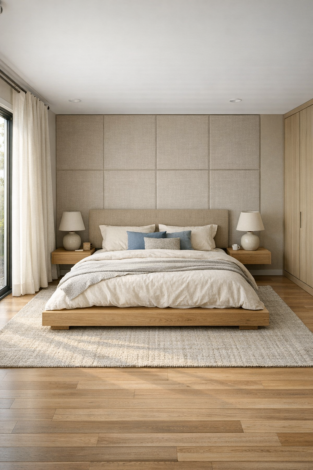 Serene bedroom with light oak bed and layered neutral textiles