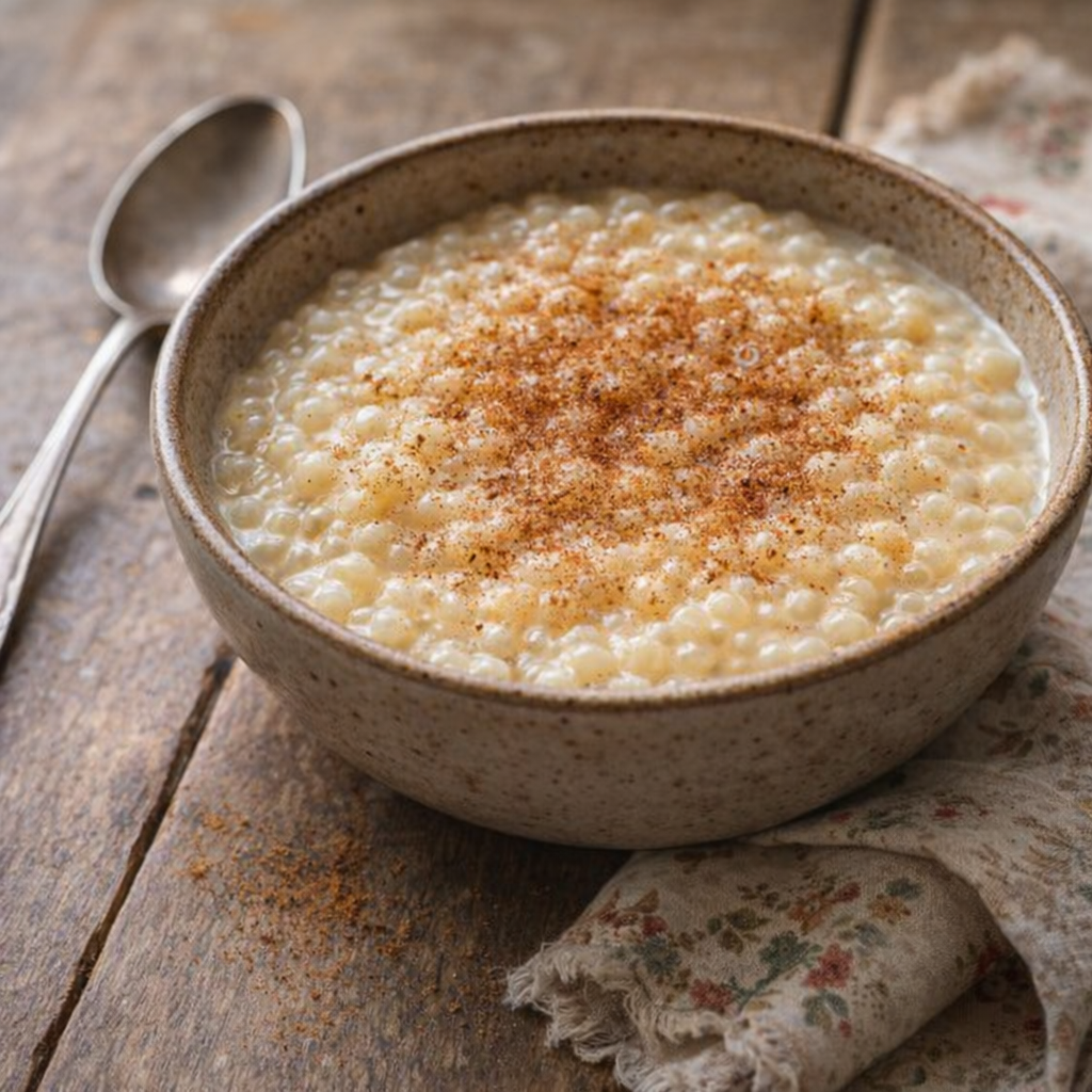 Bowl of old-fashioned tapioca pudding on a farmhouse table