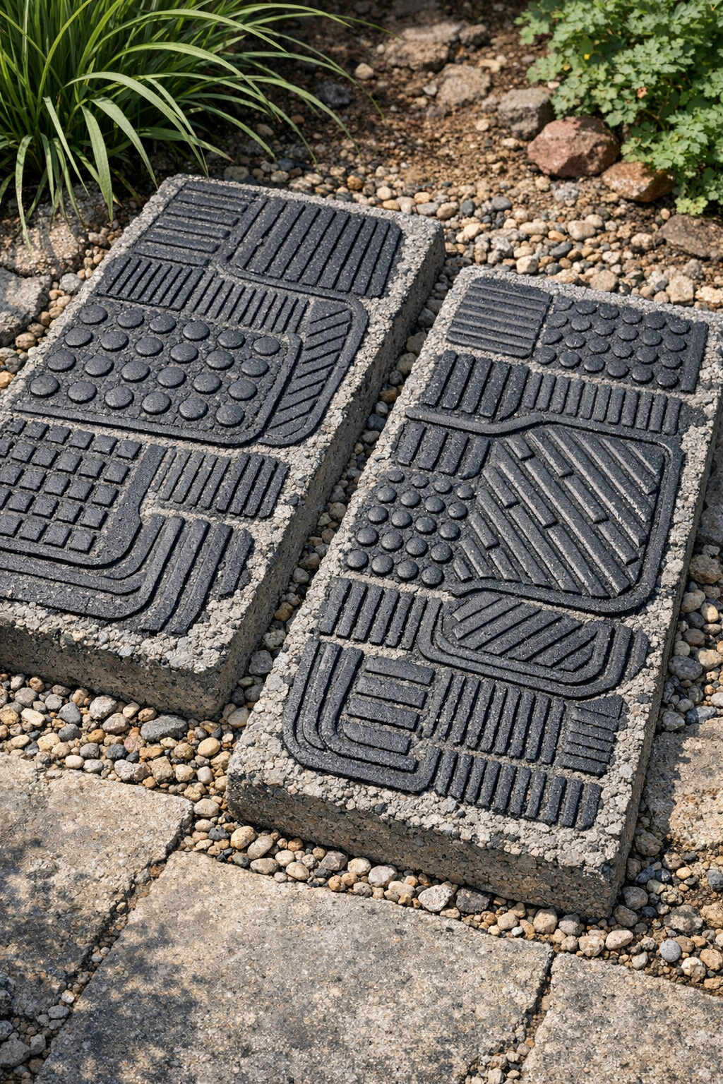 Finished heavy textured patio slabs made from rubber car floor mats and cement