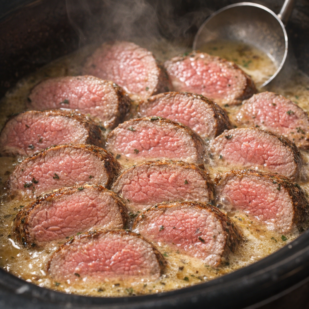 Sliced beef tenderloin medallions in champagne sauce