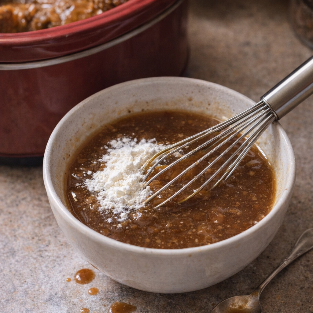 Small bowl of gravy slurry beside the slow cooker