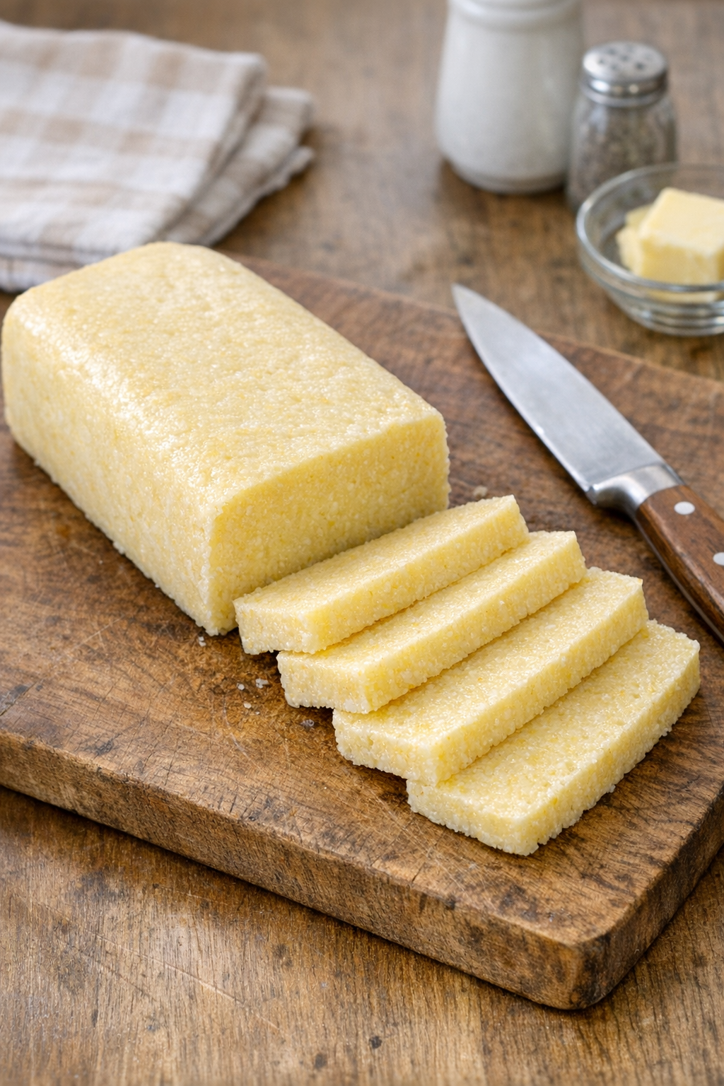 Chilled cornmeal mush sliced on cutting board