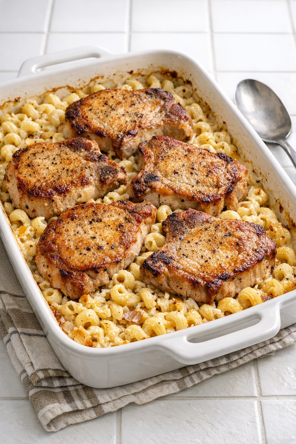 Finished Amish pork chop pasta baked in a ceramic roasting pan