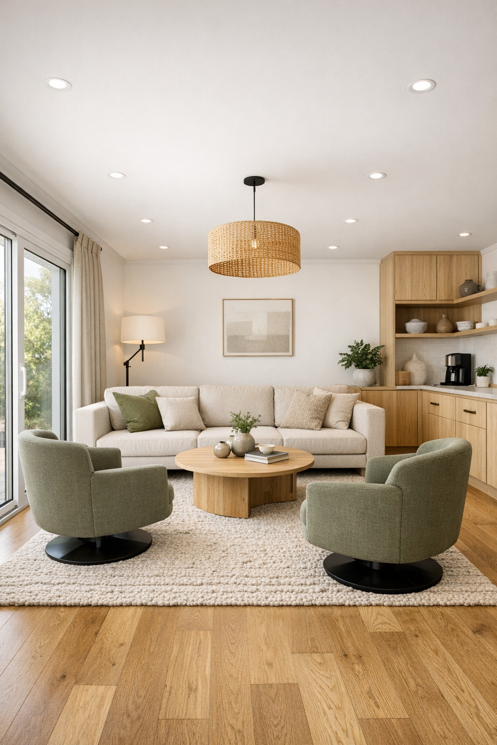 Accessible modern living room with olive accents, oak floors, and soft neutral furniture