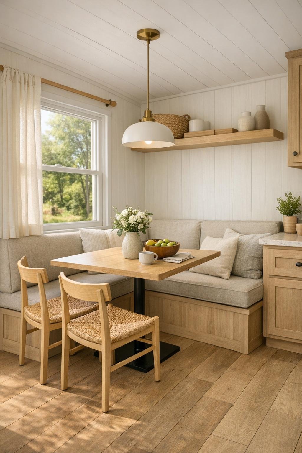 Cozy dining nook with a built-in banquette, simple table, and pendant light