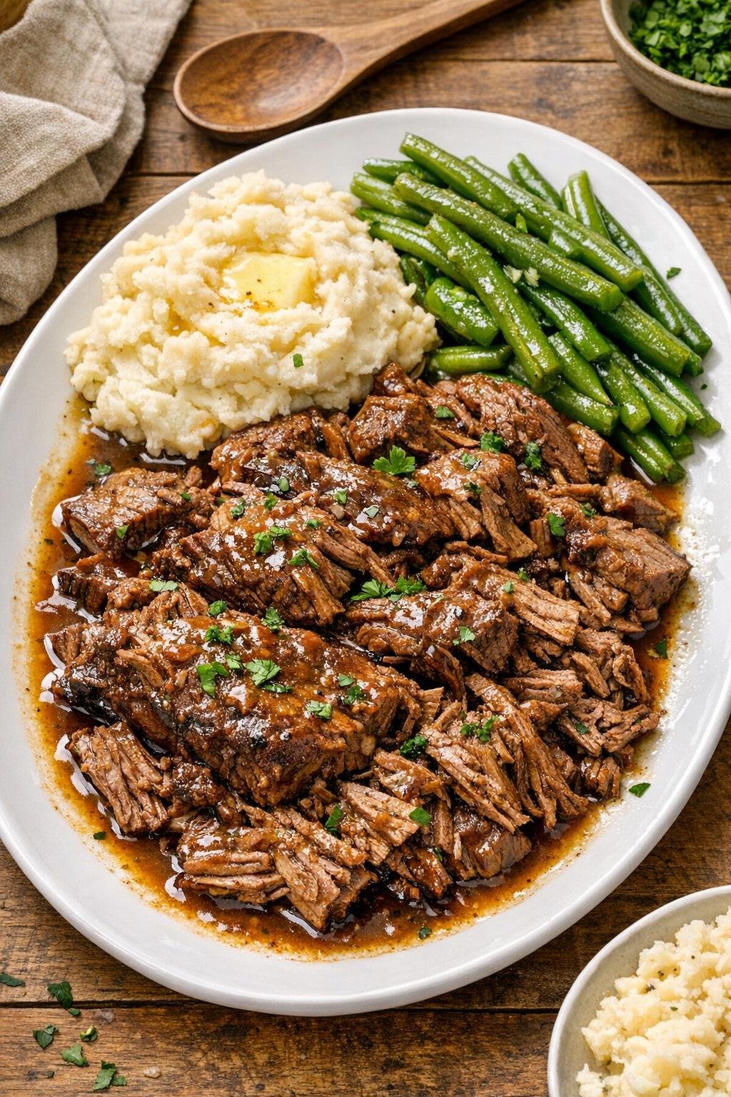 Finished slow cooker beef roast plated with juices