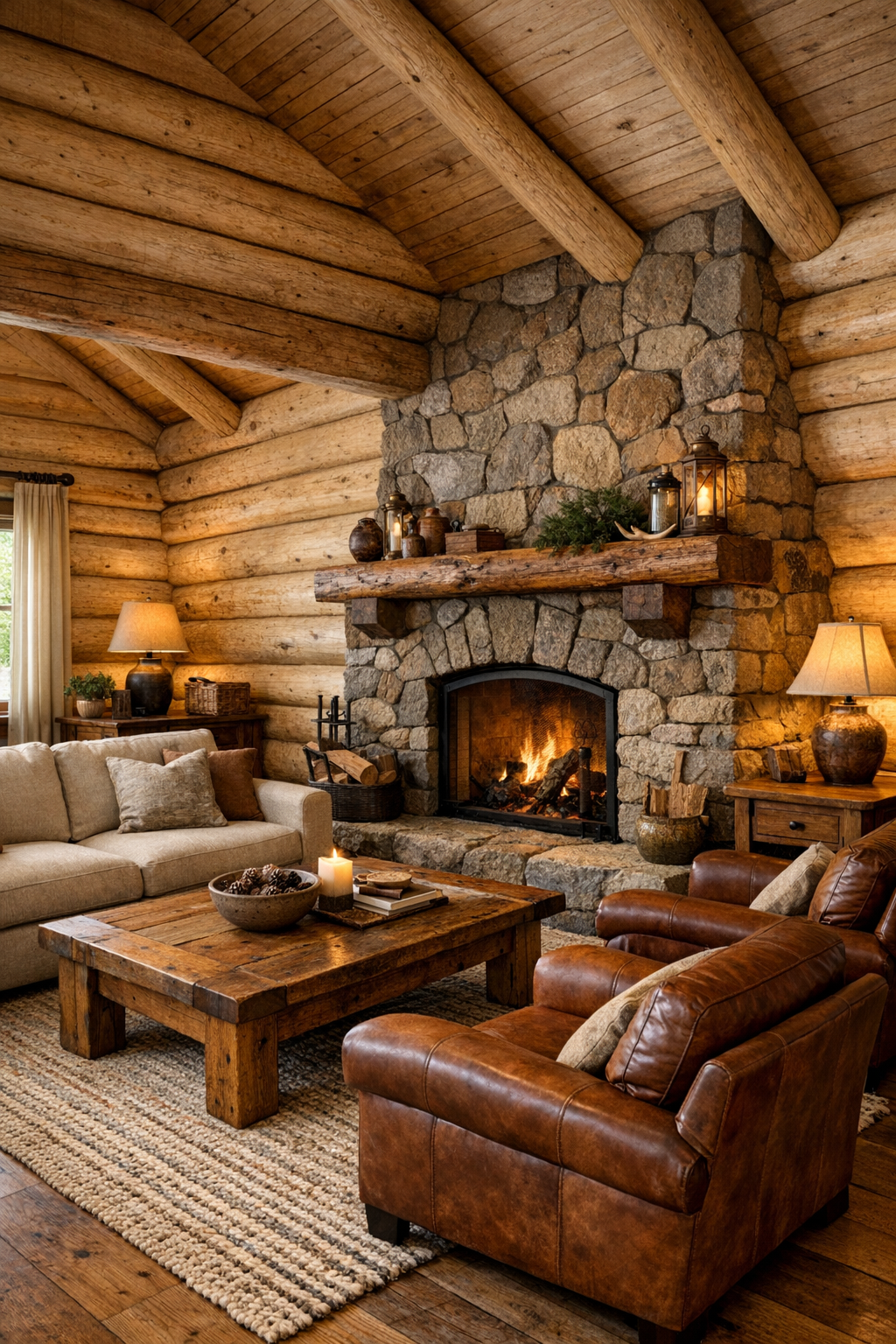 Bright rustic living room with pale spruce log walls, stone fireplace, and handcrafted wood furniture