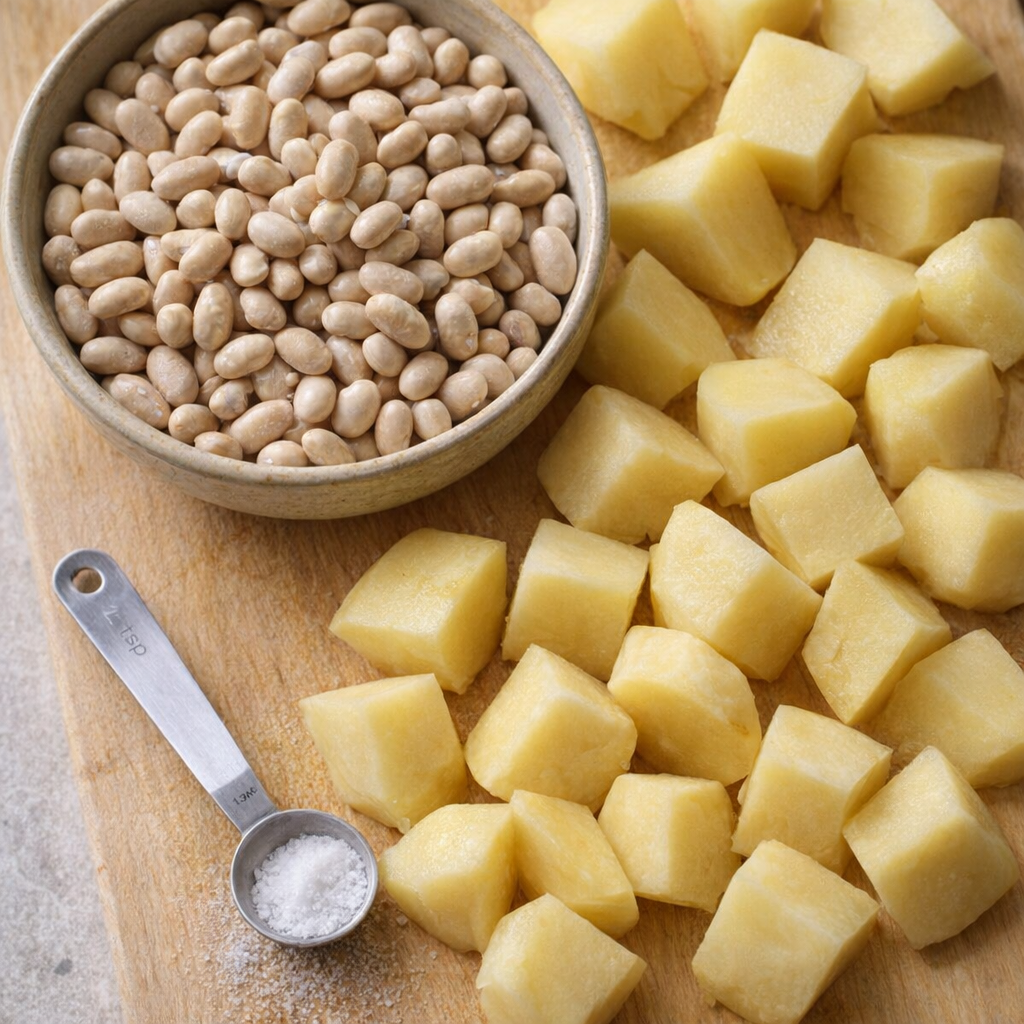 Navy beans and chopped potatoes laid out for stew prep