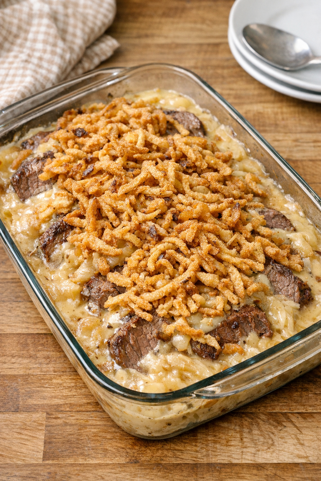 Finished baked beef and onion casserole in a casserole dish