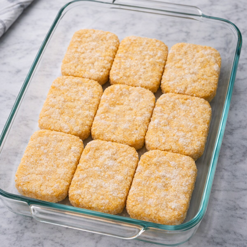 Frozen hash brown patties lined up in a glass baking dish