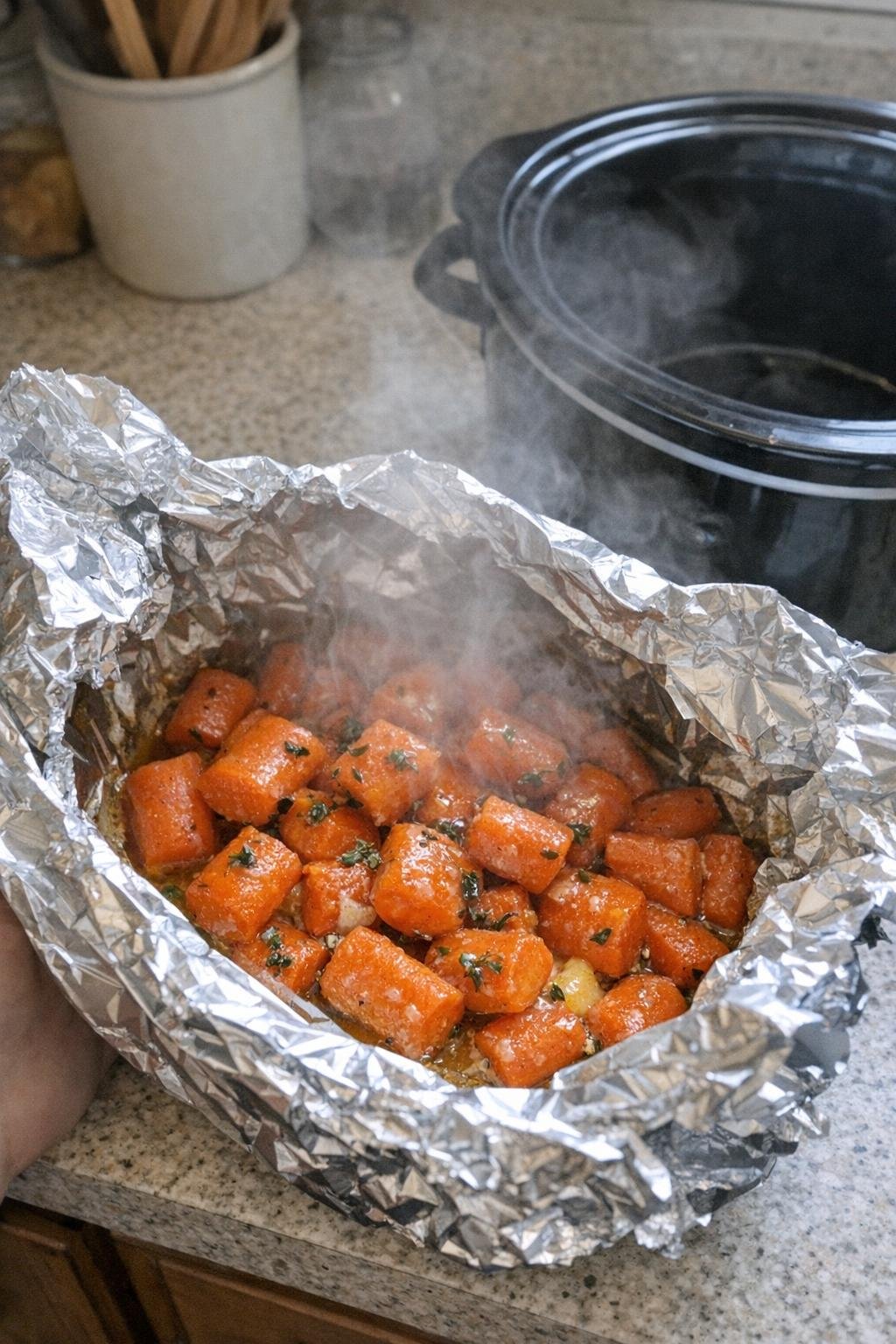 Brown sugar glazed carrots with thyme in foil