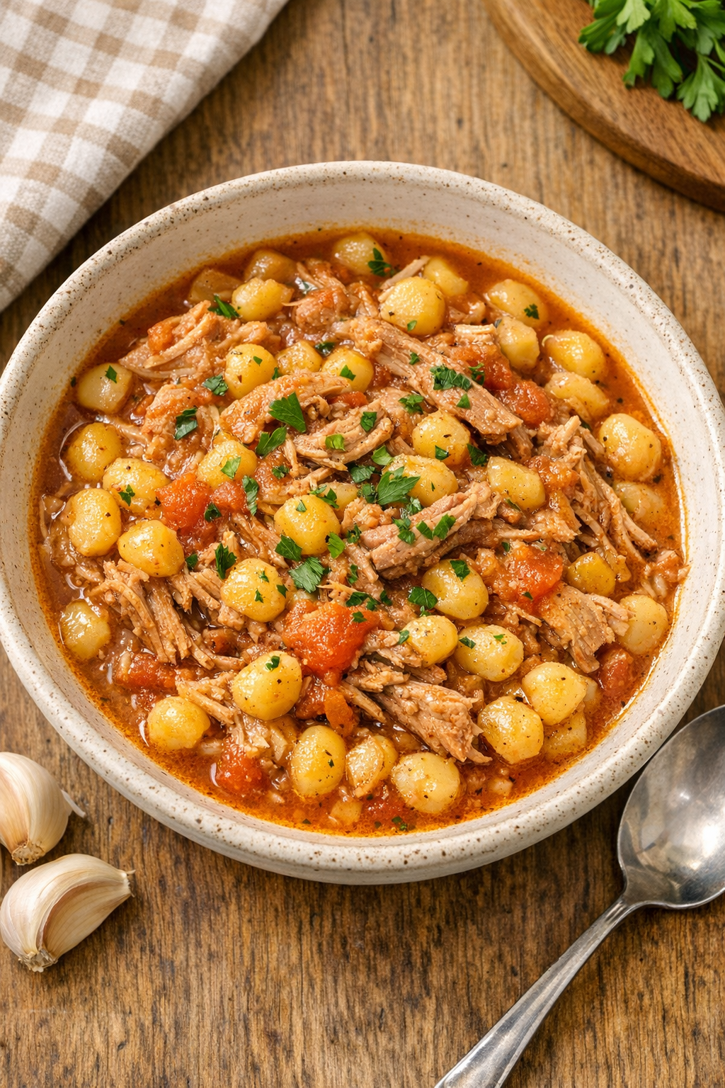 Finished vintage hominy pork plated in a rustic bowl