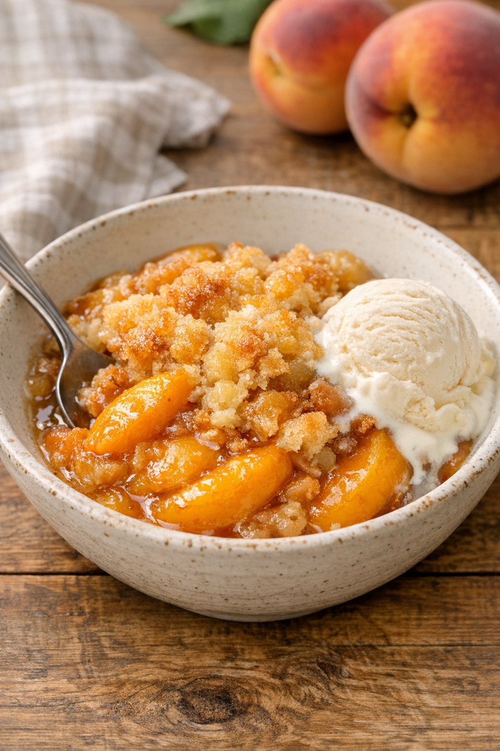 Finished peach dessert in a serving bowl