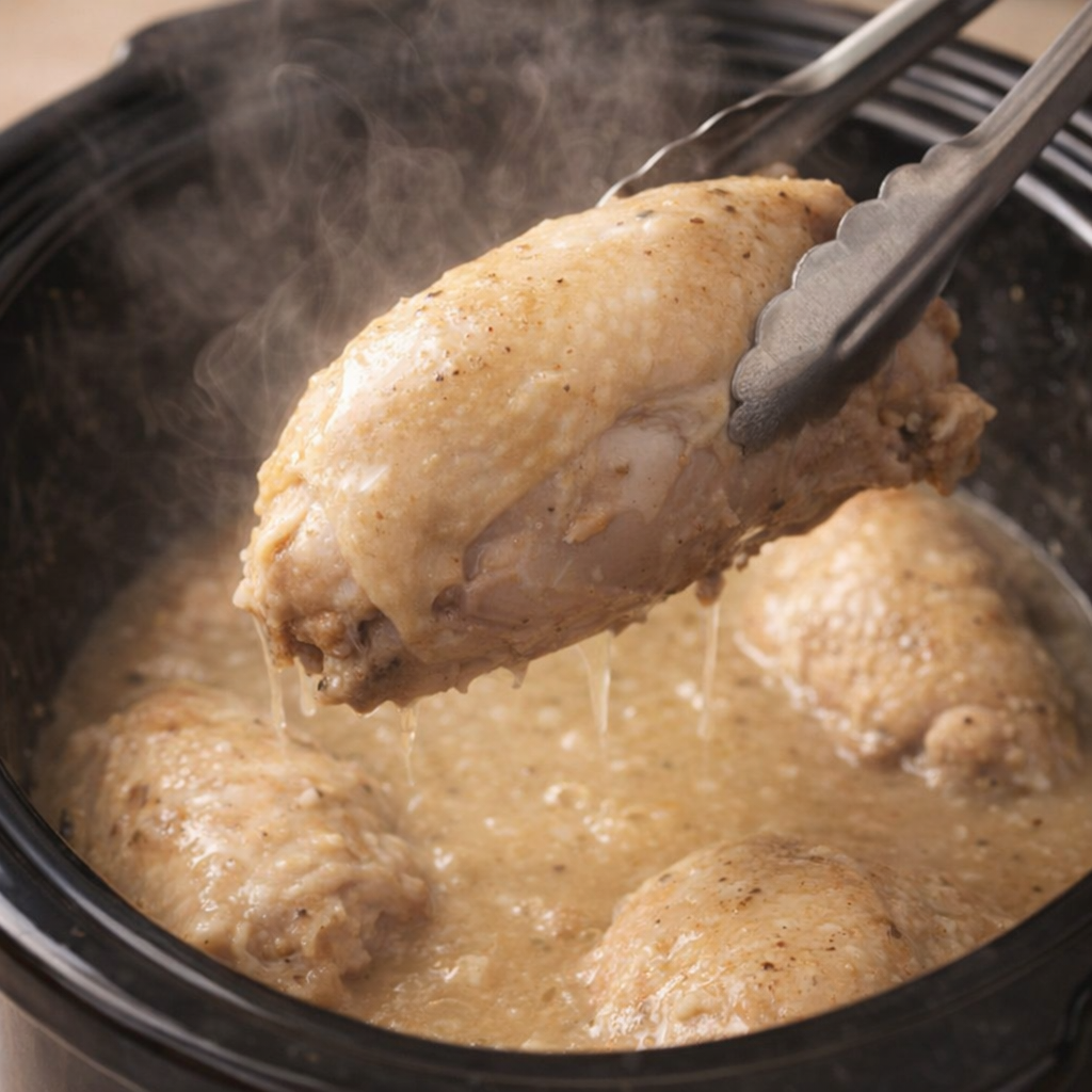 Tender cooked chicken lifted from the slow cooker with tongs