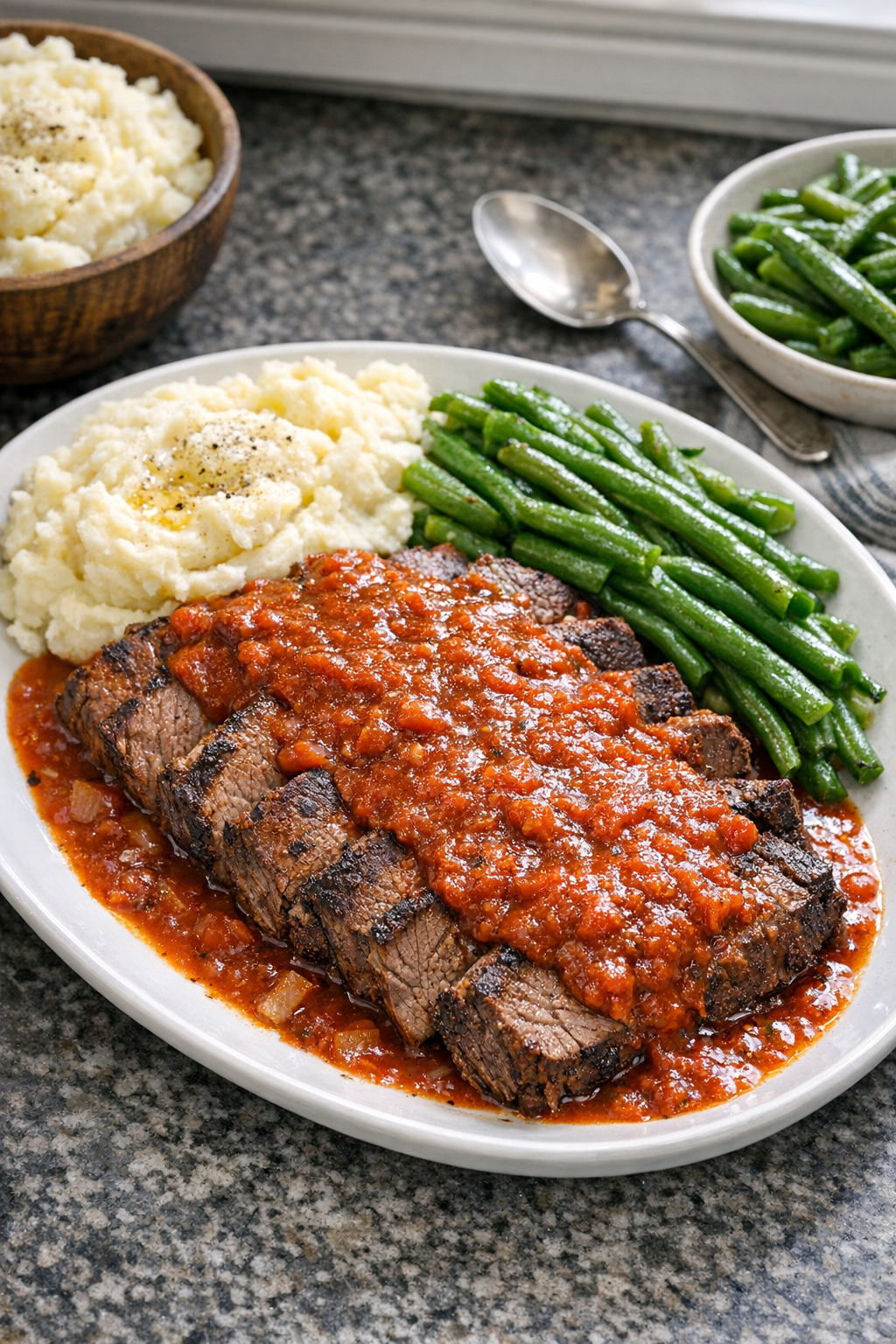 Finished Amish-style tomato paste beef plated with sauce
