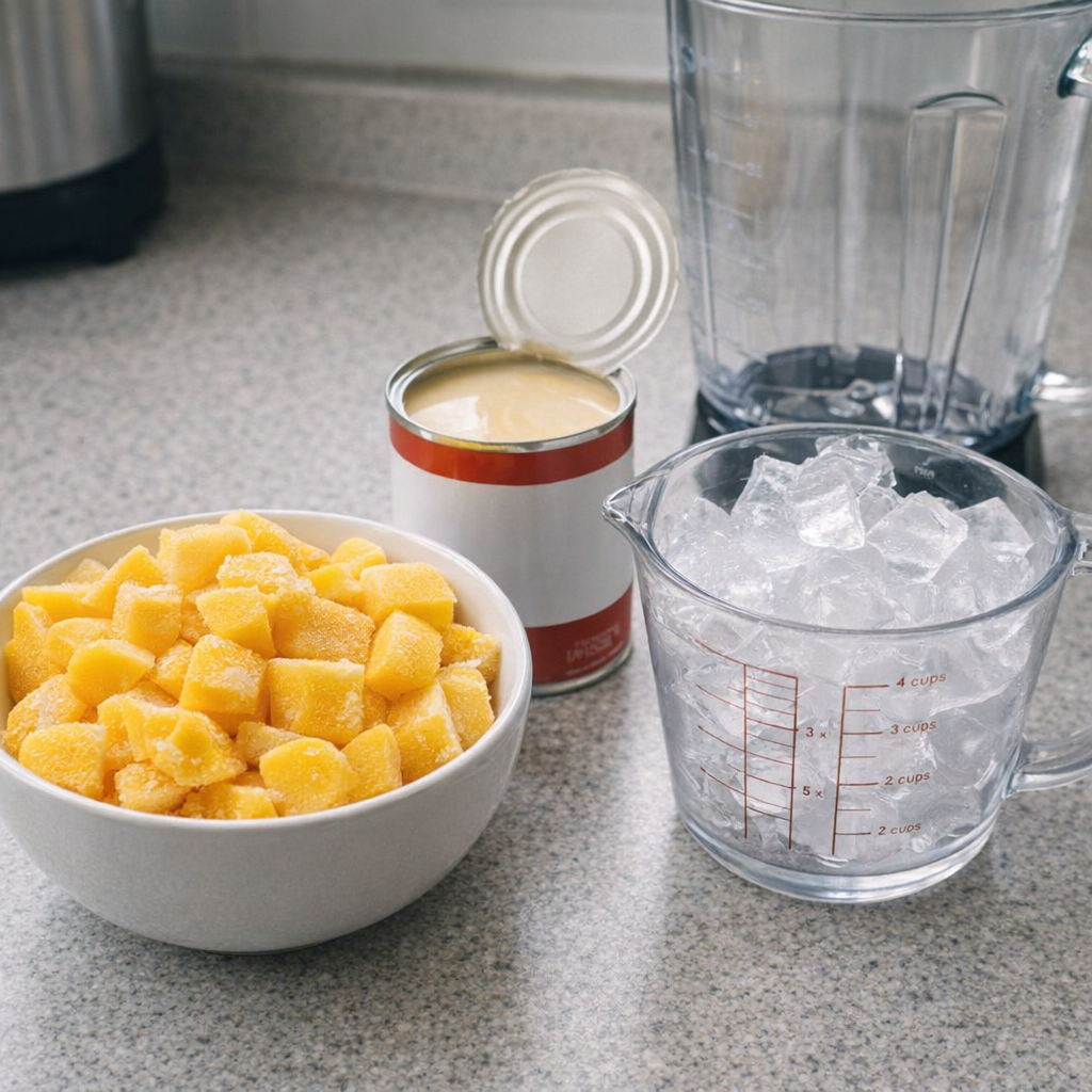 Frozen mango and condensed milk arranged beside a blender
