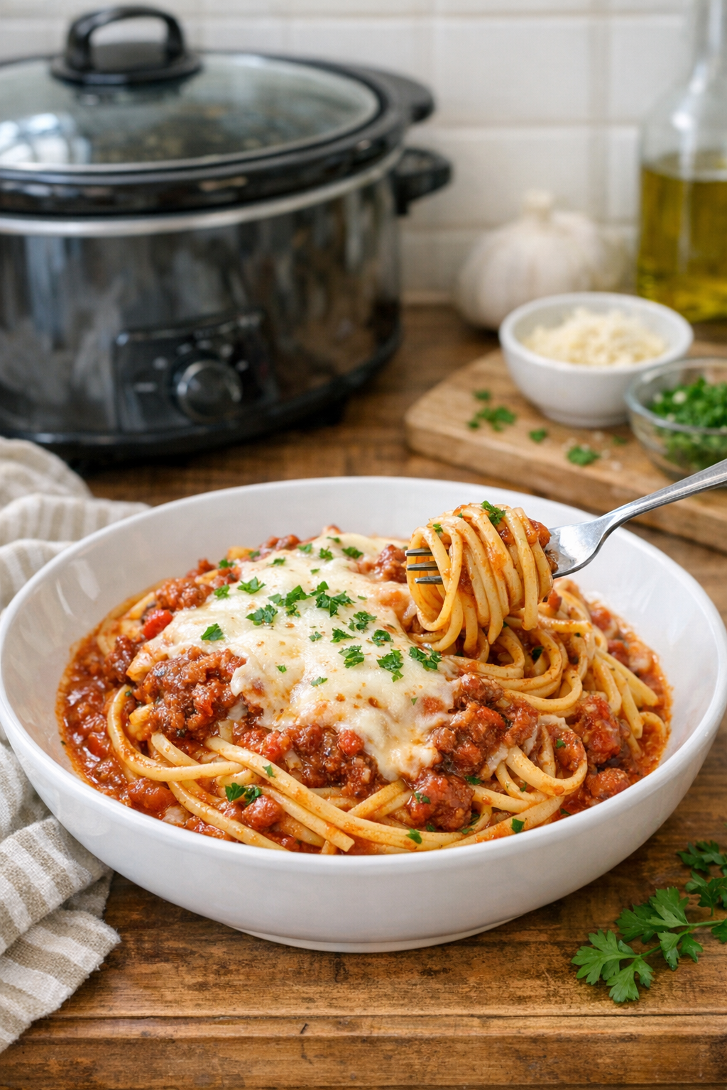 Finished slow cooker linguine plated in a bowl