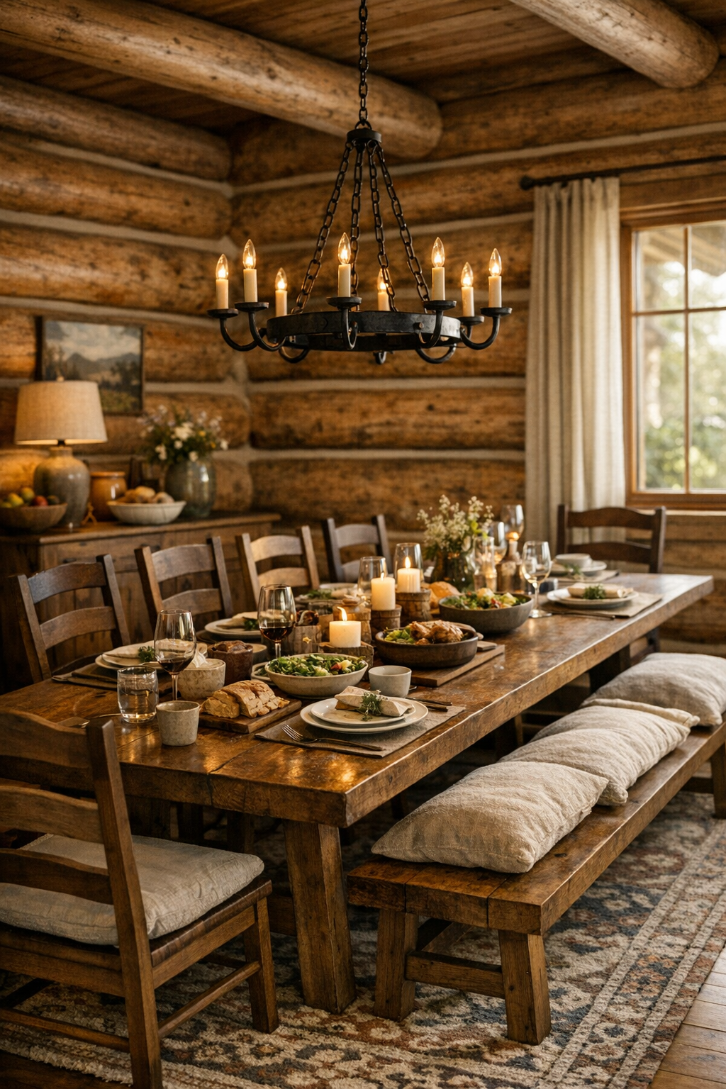 Warm dining room with a long wood table, mixed seating, and a rustic iron chandelier