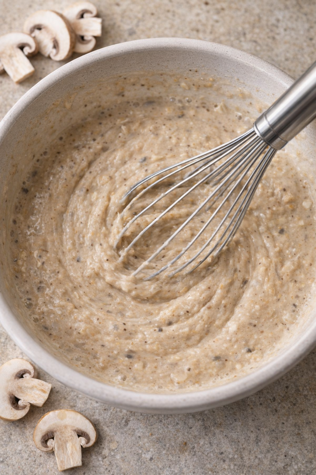 Creamy mushroom soup mixture being whisked in a bowl