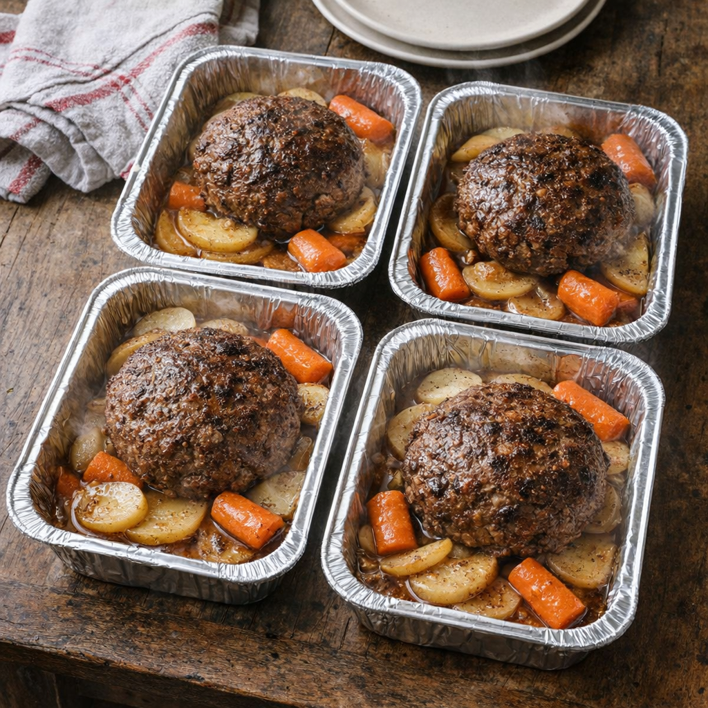 Foil tray hobo dinners on a rustic kitchen table