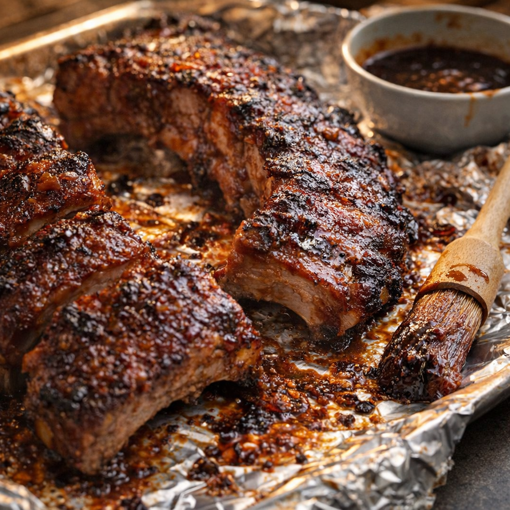 Finished sticky ribs with caramelized edges on a baking sheet