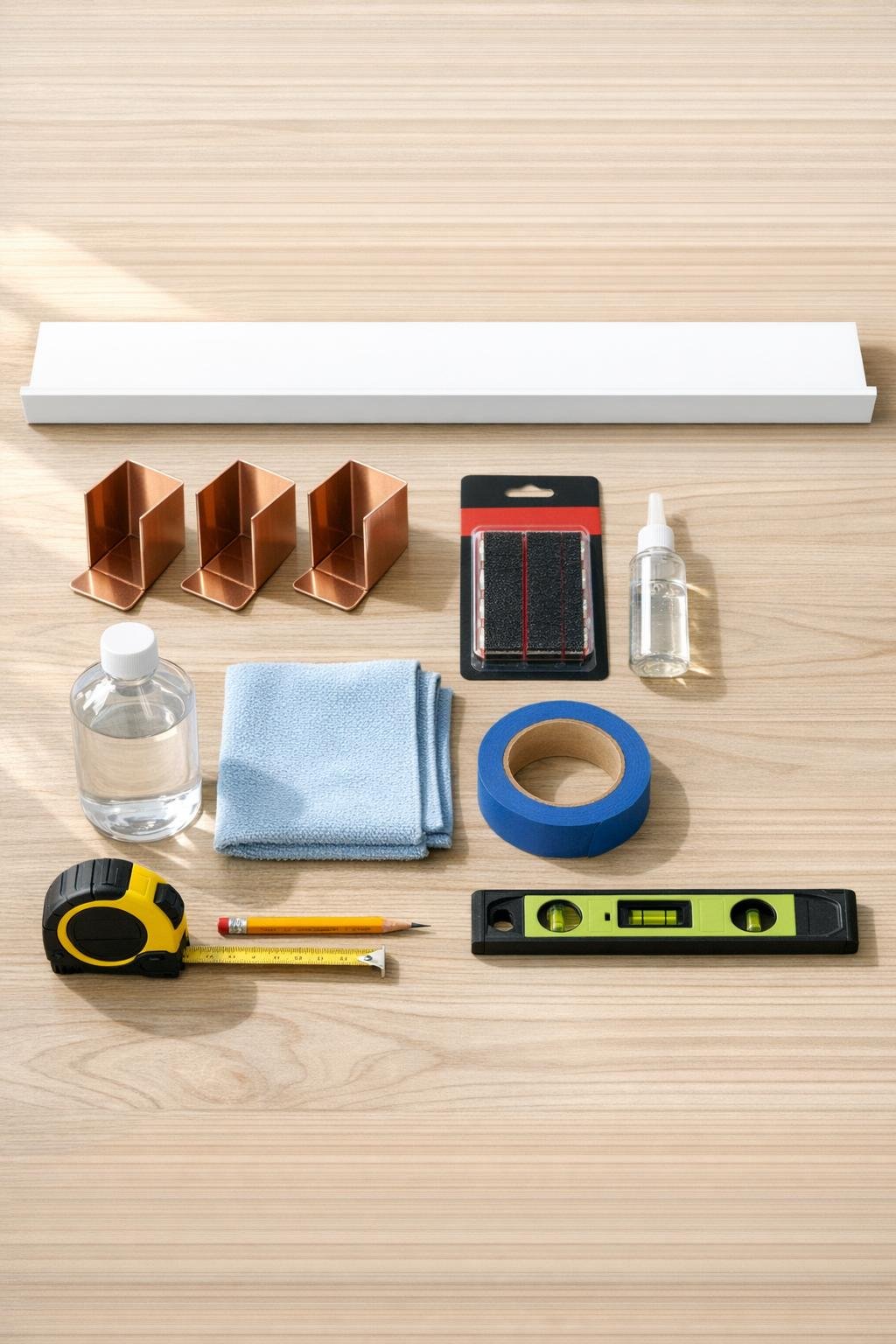 Materials for a floating shelf mail sorter laid out together