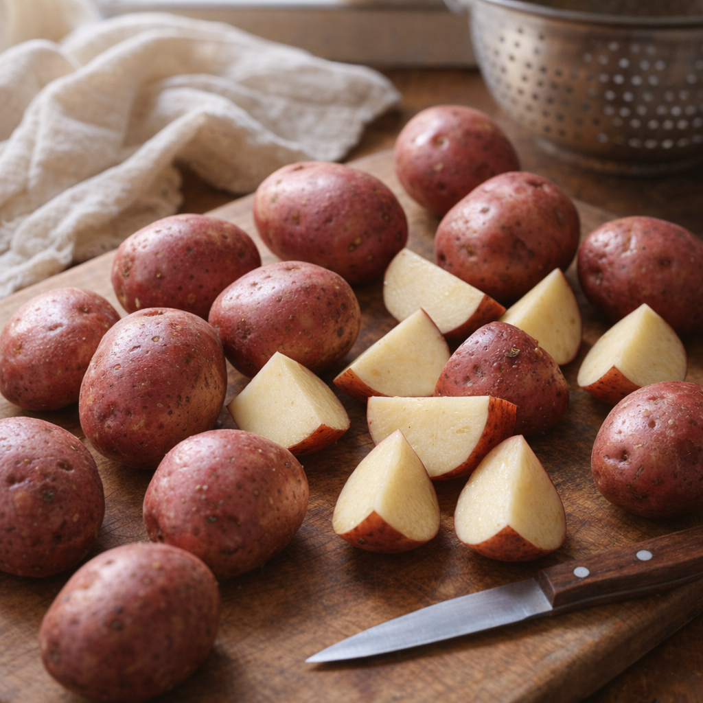 Patate rosse tagliate a quarti su un tagliere