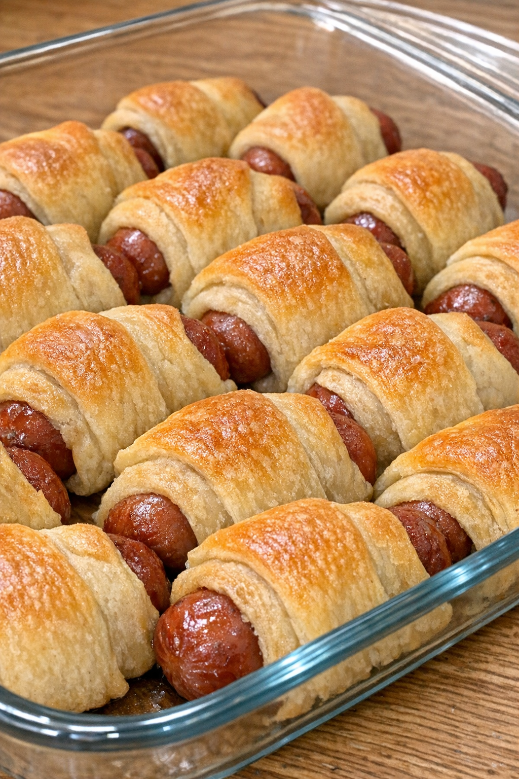 Oven baked 3-ingredient beef frankfurter bites in a glass casserole dish