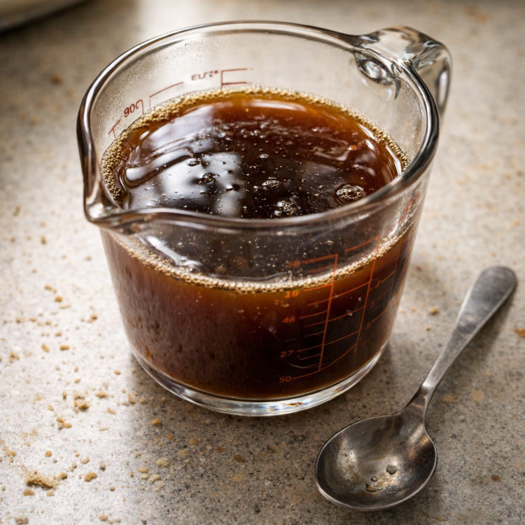 Beef stock and Worcestershire sauce mixed in a glass measuring cup