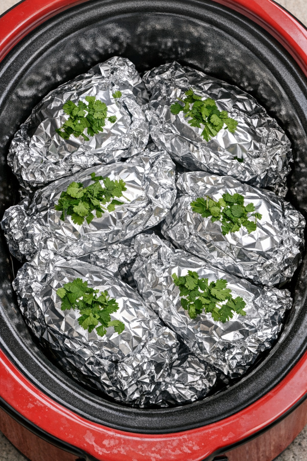 Slow cooker taco chicken foil packets in a red slow cooker