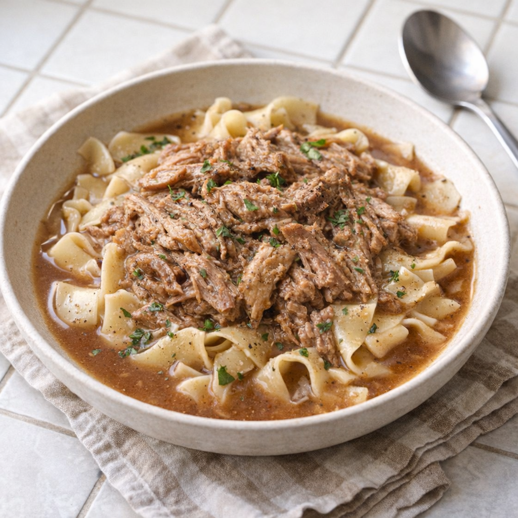 Slow cooker pork roast and noodles served in a shallow bowl