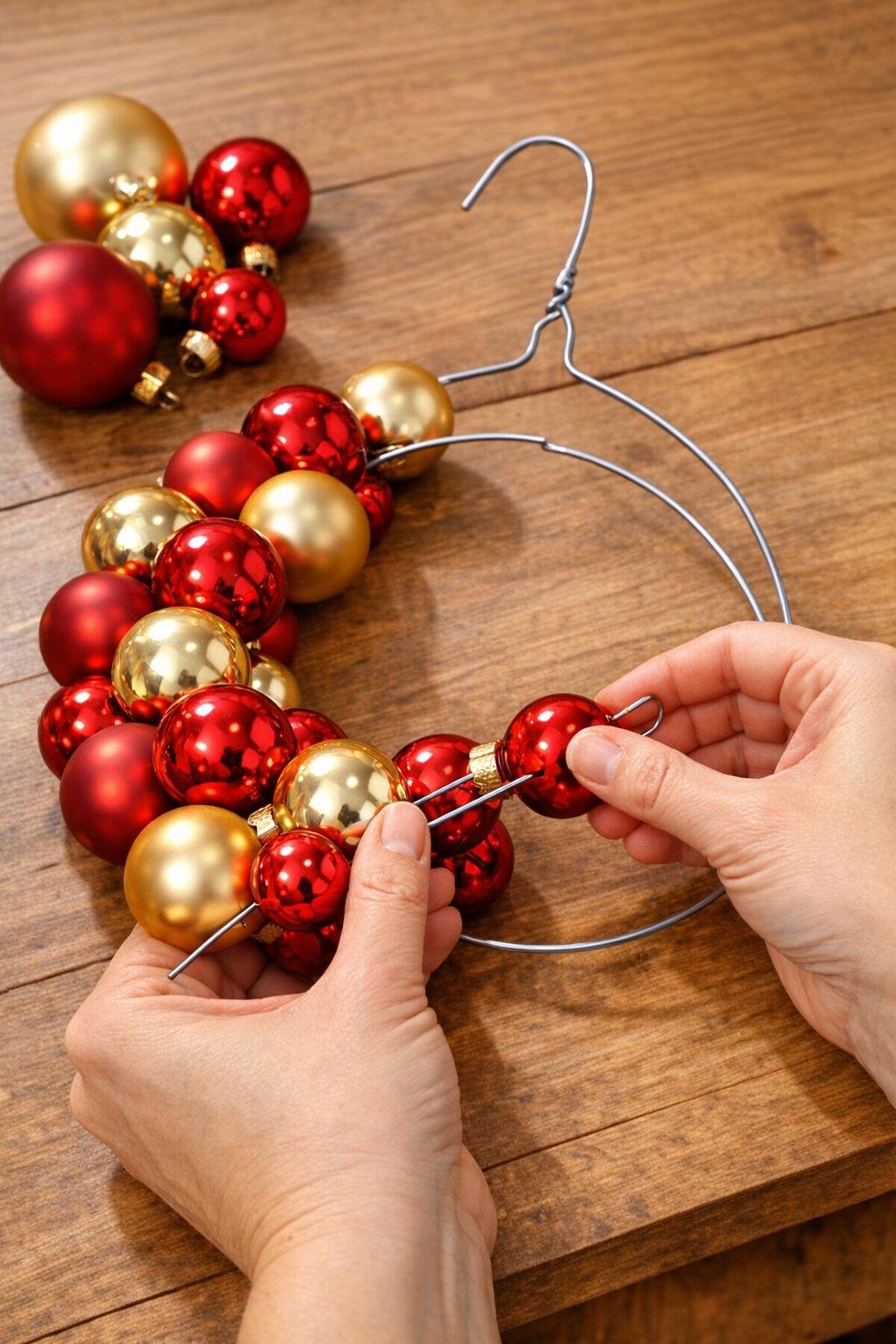 Mixed-size ornaments being threaded tightly onto hanger wire