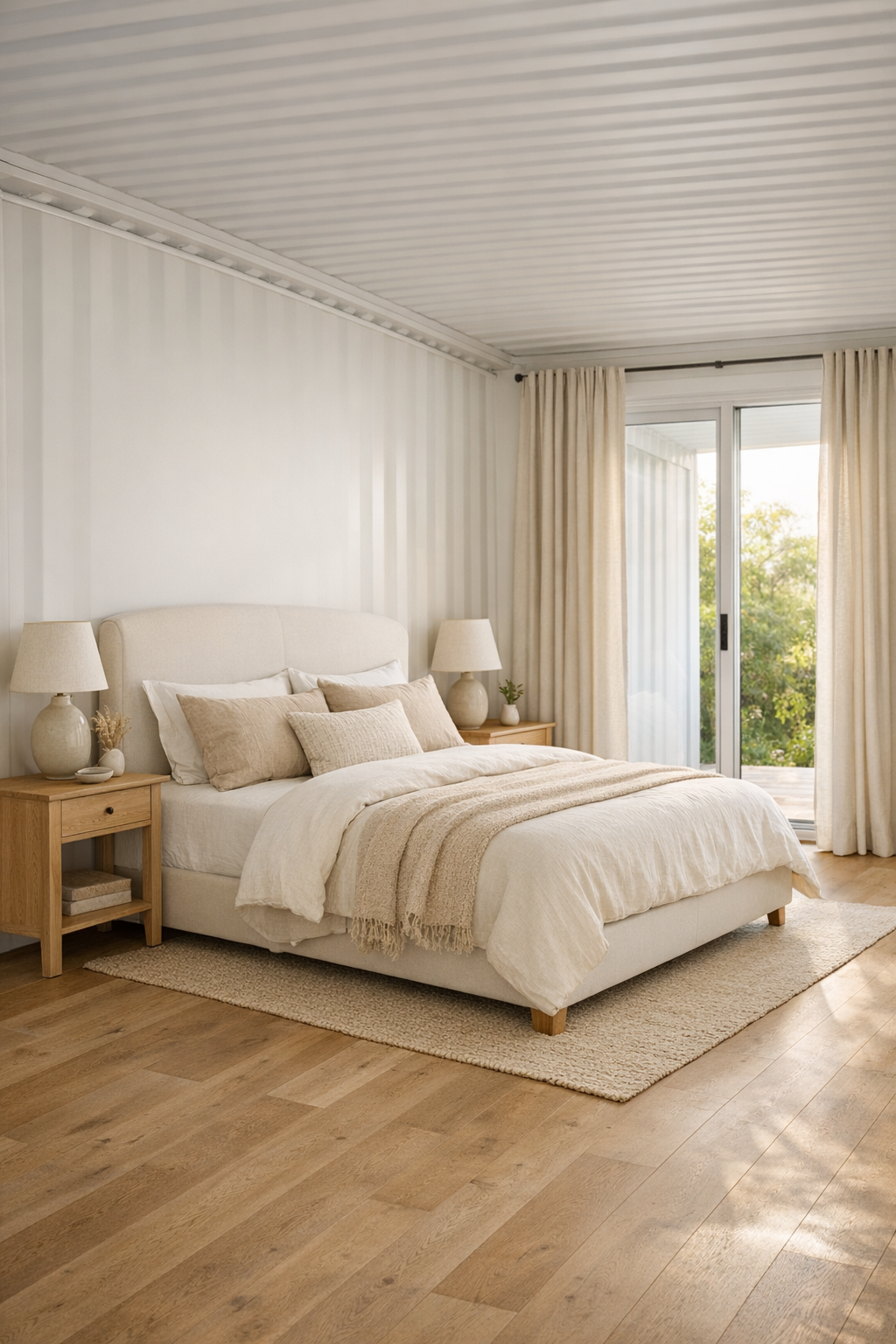 Serene bedroom with ivory upholstered bed and layered neutral bedding
