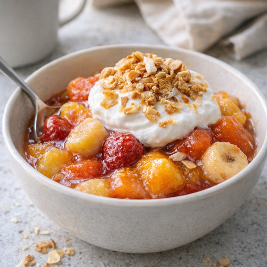 Warm tropical fruit bake served in a bowl with yogurt and granola