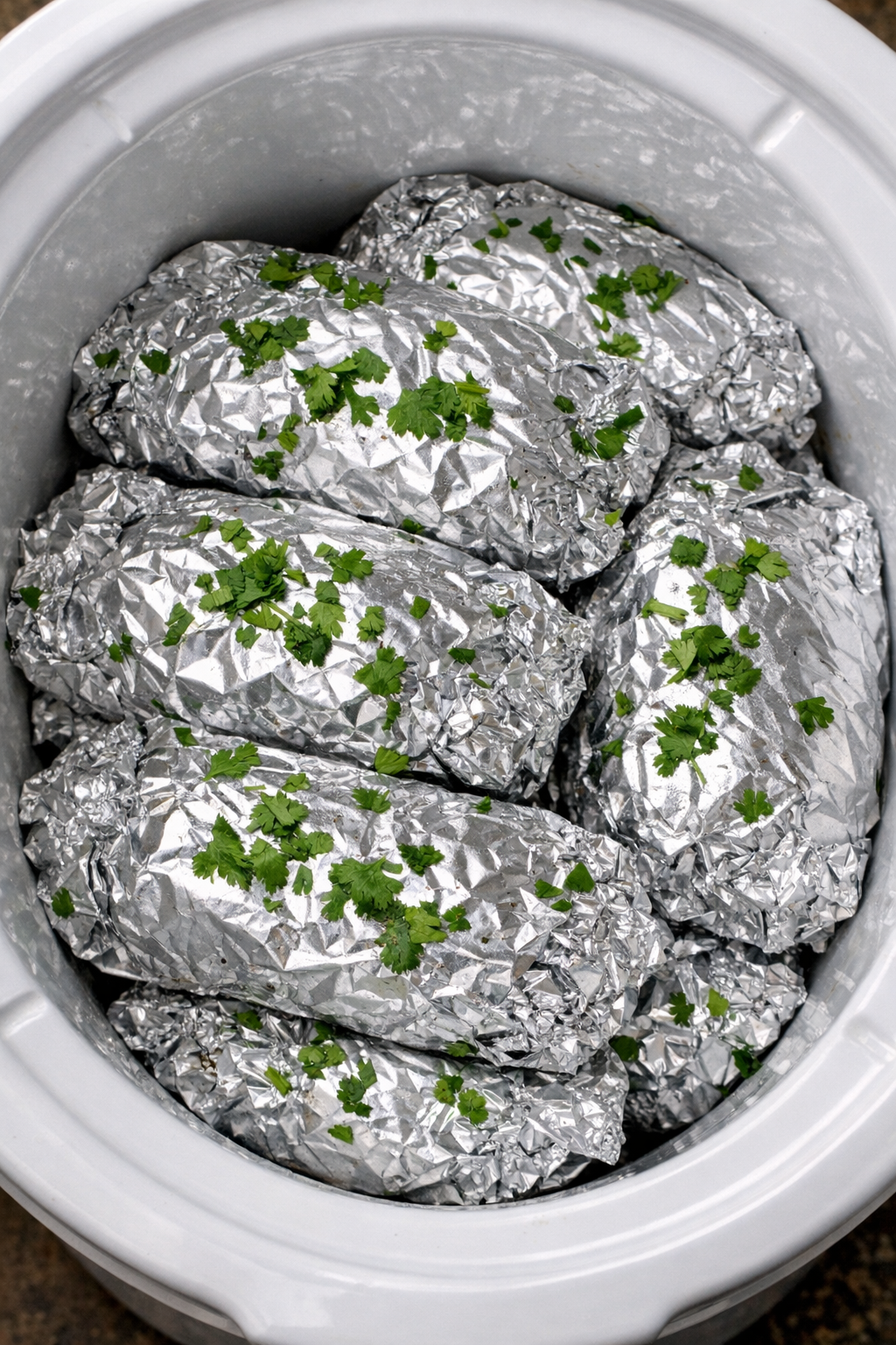 Slow cooker beef and black bean foil packets in a white slow cooker