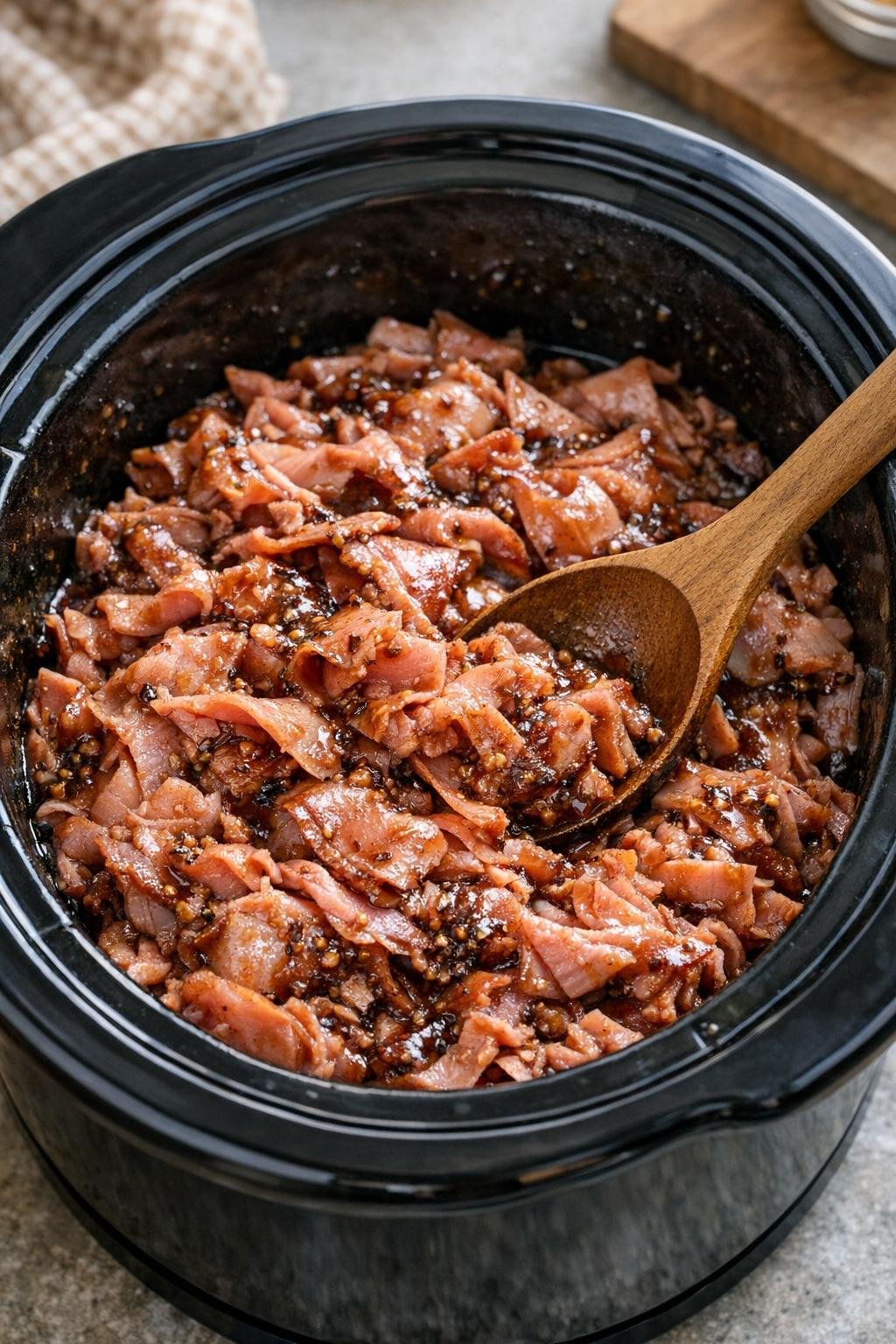 Warm glazed ham finished in slow cooker
