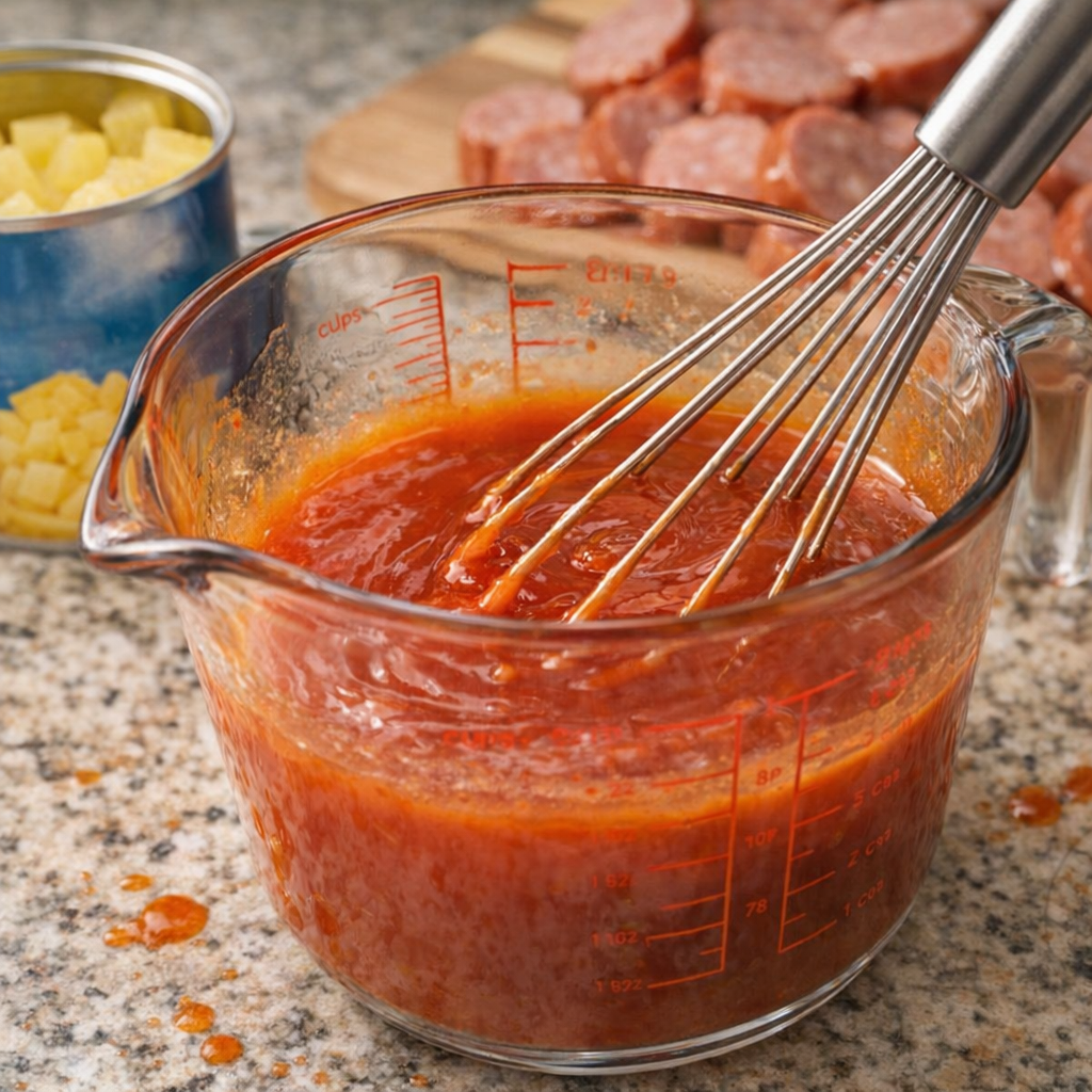 Sweet and sour sauce being whisked in a measuring cup