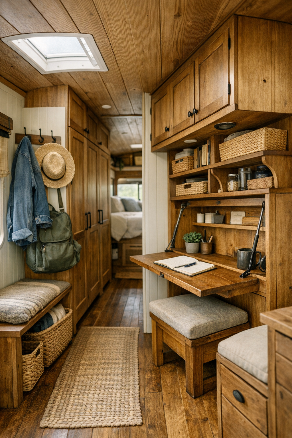 Smart built-in storage and hallway details inside a rustic converted bus