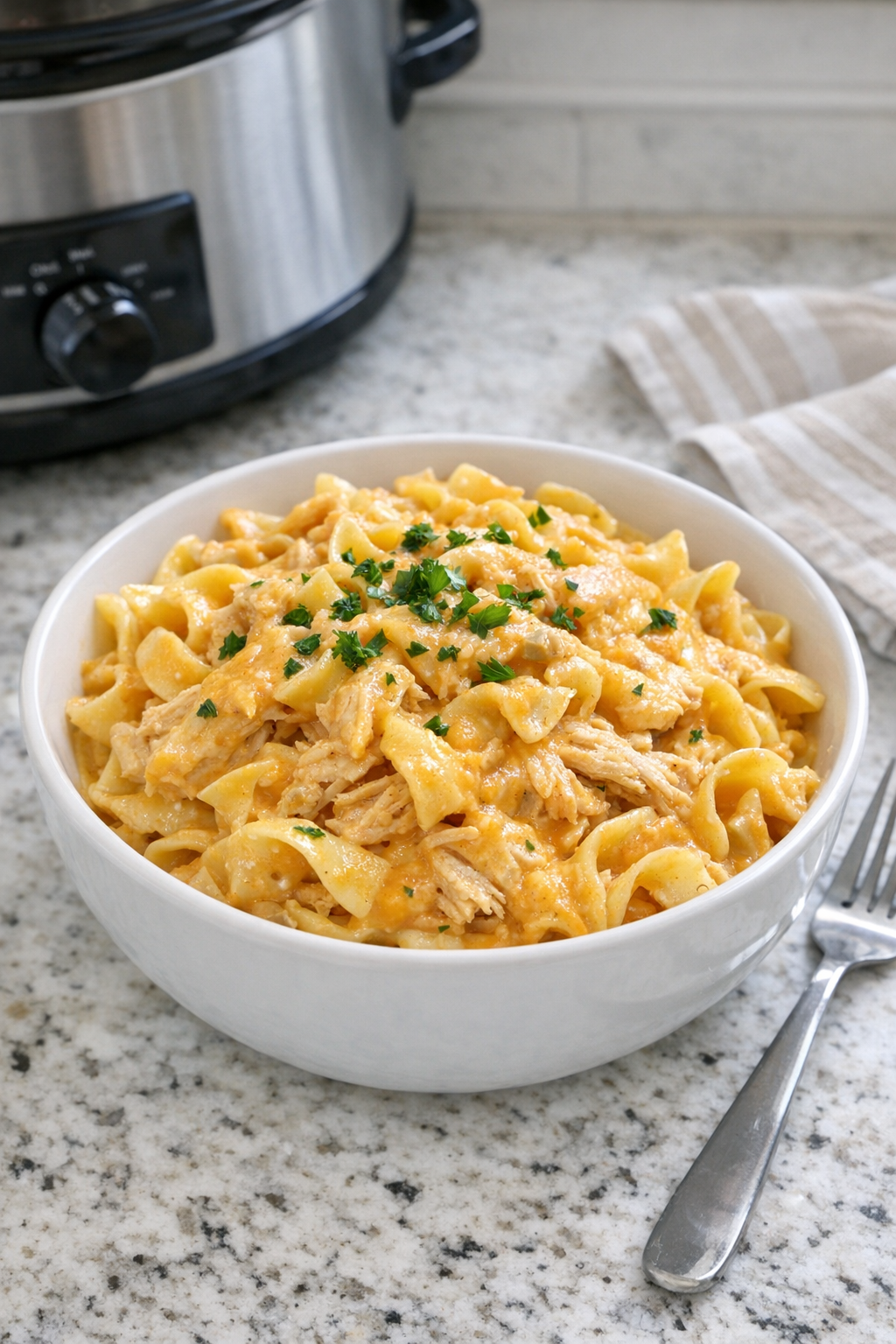 Finished cheddar turkey pasta plated in a bowl