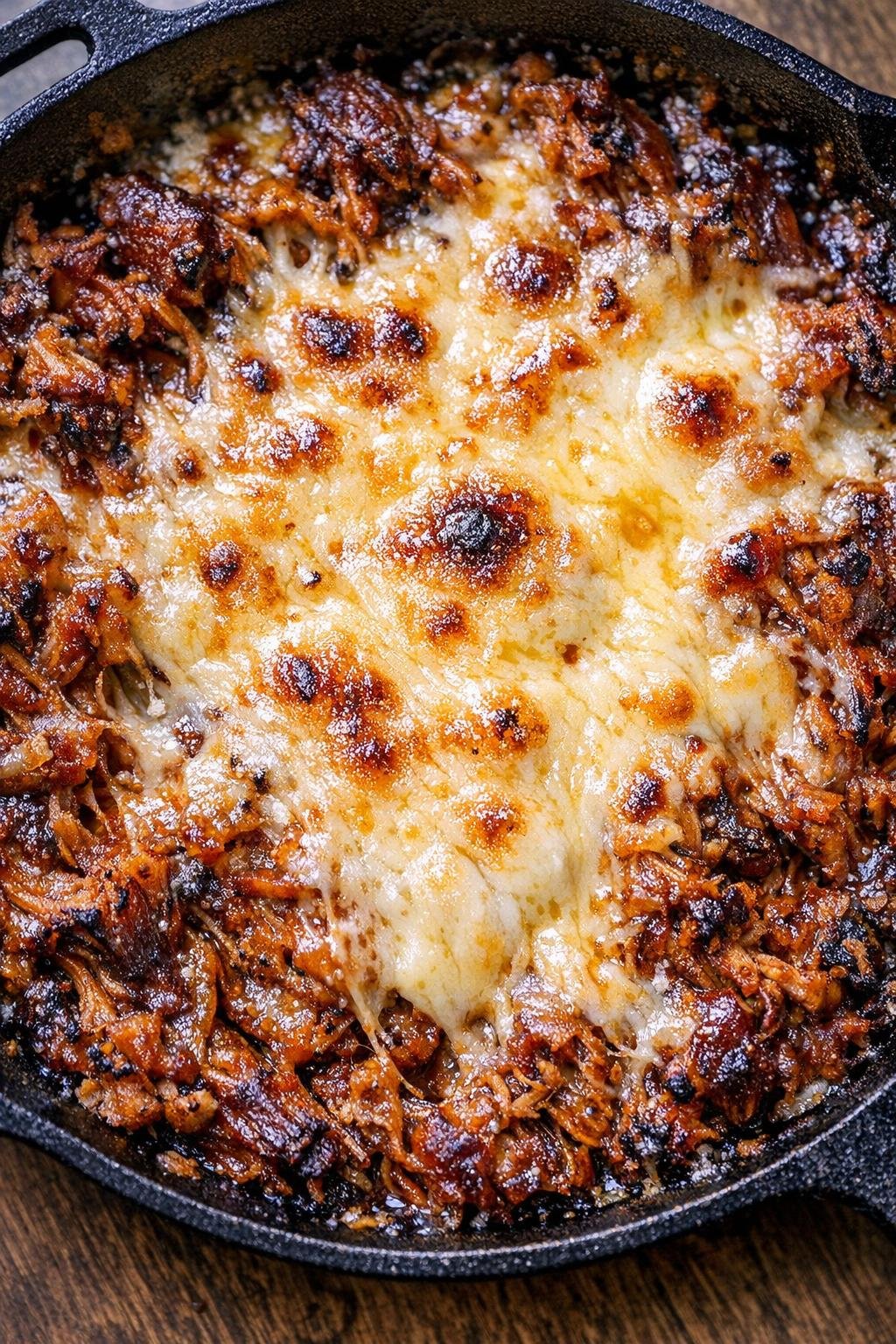 Bubbling pulled pork dip with melted cheese in cast iron