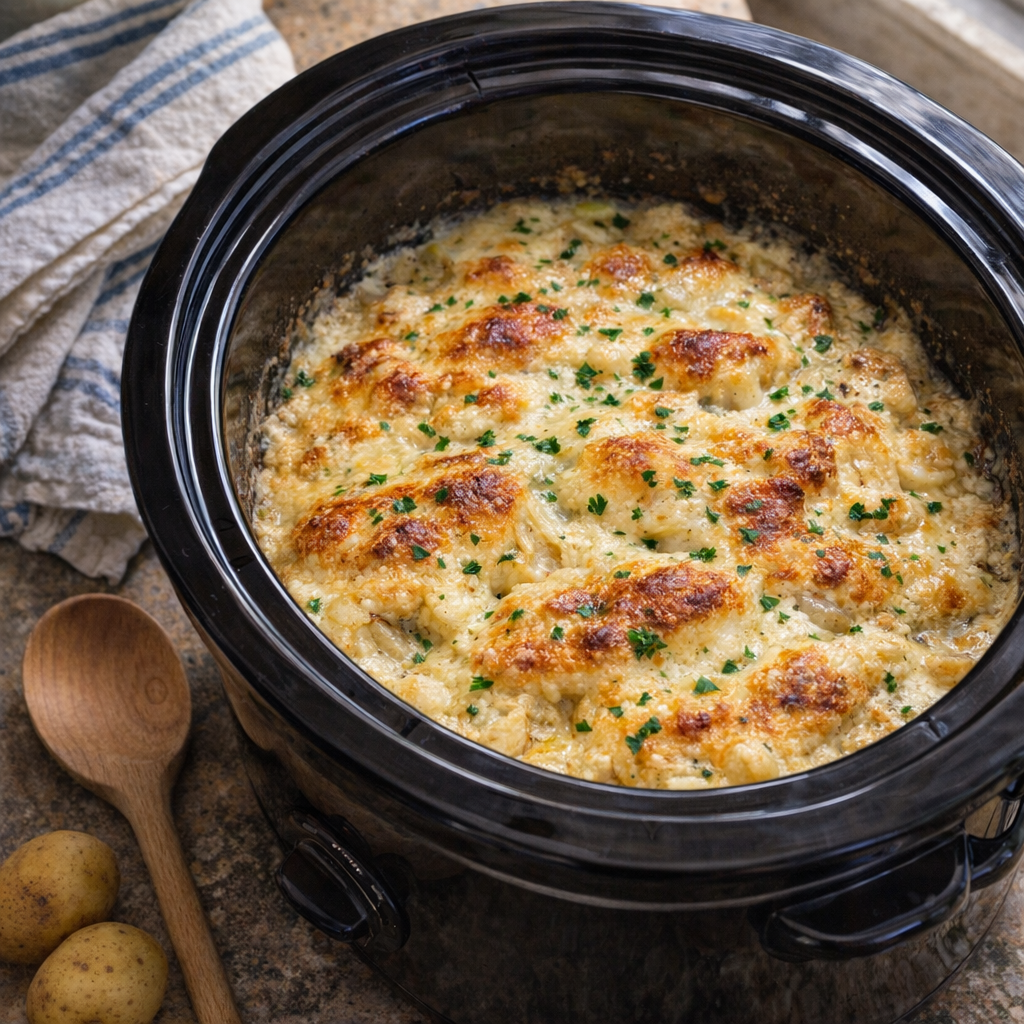 Slow cooker potato casserole on a country kitchen counter