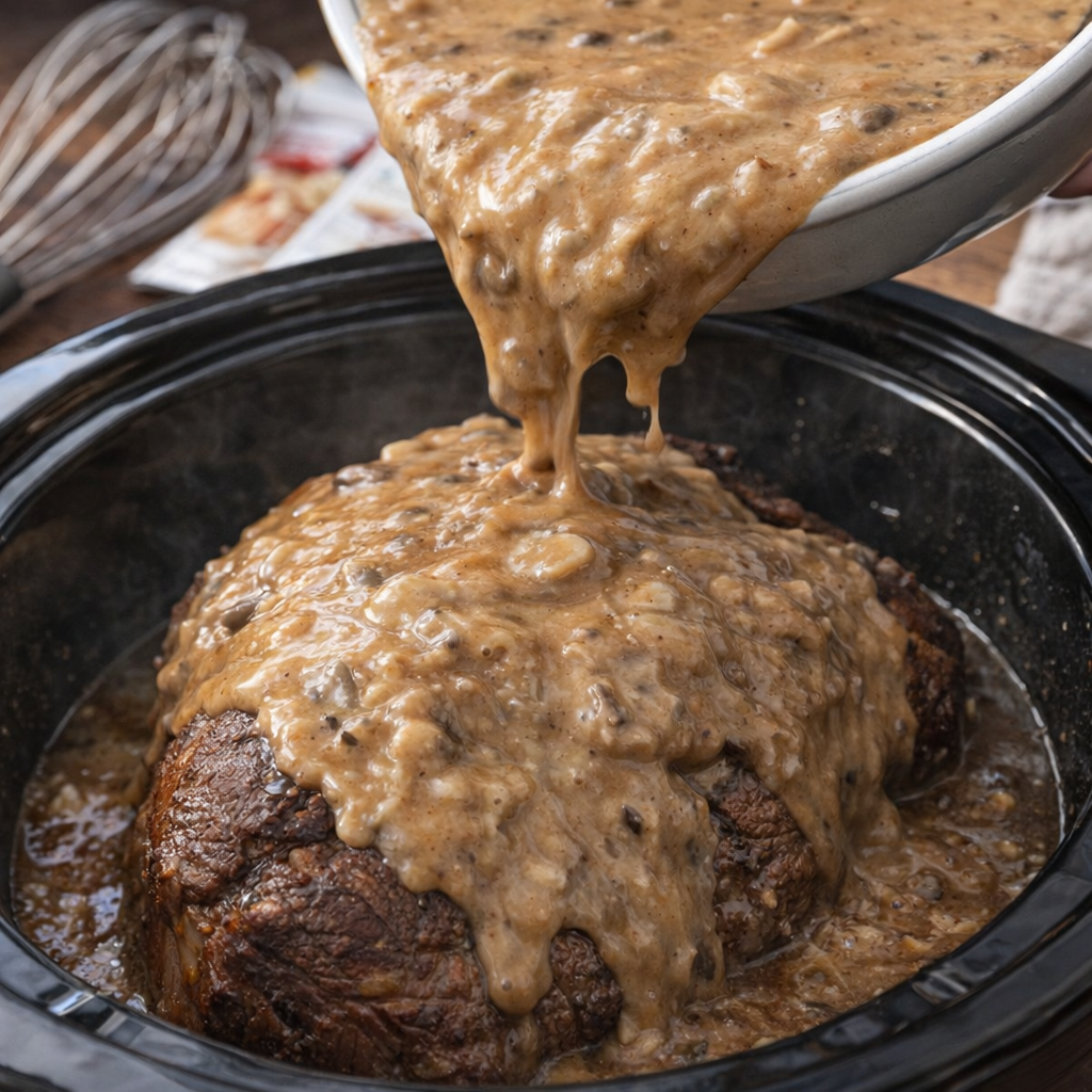Thick gravy mixture being poured over the roast