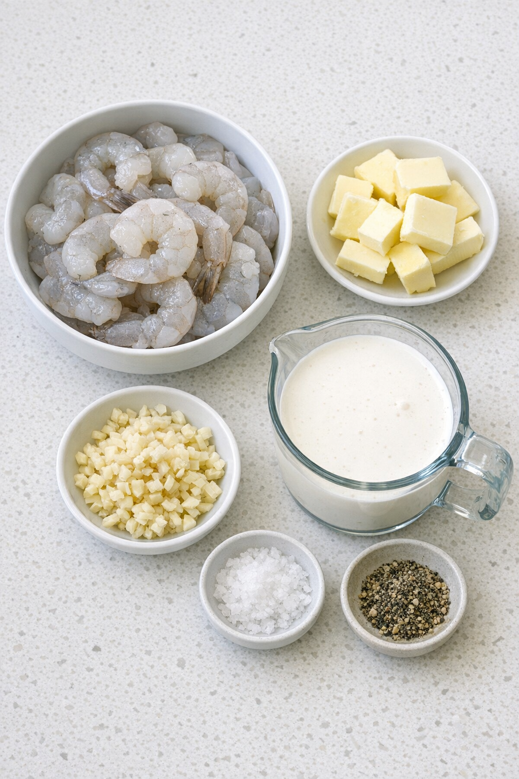 Main ingredients for creamy garlic butter shrimp